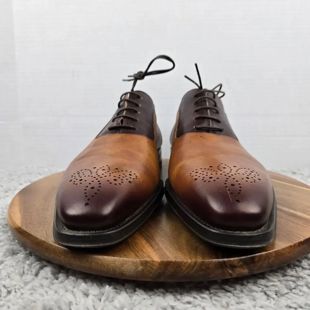 Magnanni Mens 12 Brown Two Tone Burnished Leather Medallion Oxford Dress Shoe
